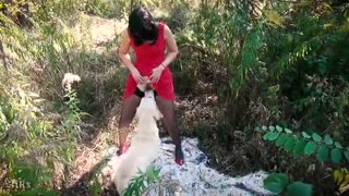 Old woman fuck in the woods two wild dogs