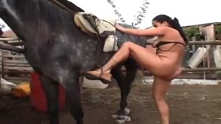 A woman without panties rubs a horse's prick on her pussy